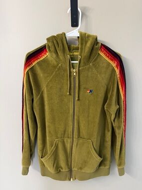 Aviator Nation Olive Velour Hoodie with Rainbow Trim